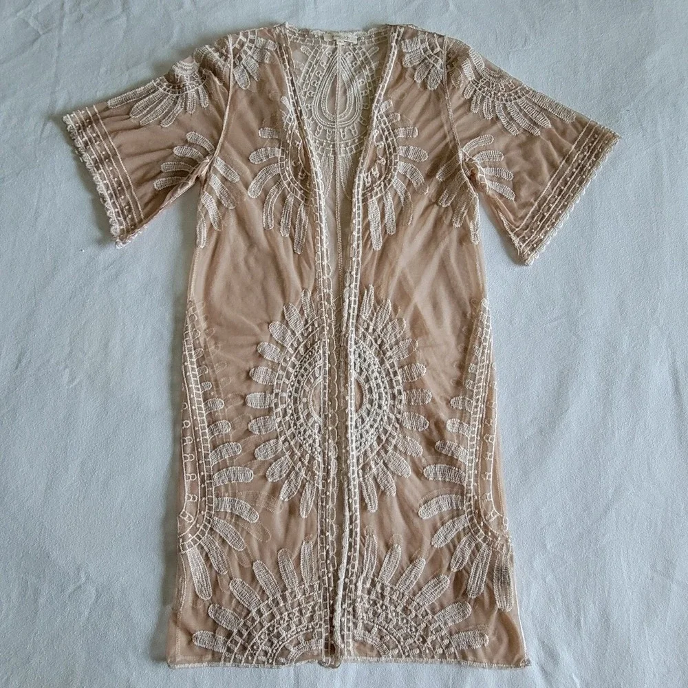 Rebellion Again Lace Mesh Kimono Cardigan Beige Women's S Boho Longline Duster